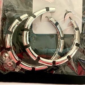 Earrings (NIP) large hoop silver tone with black stripe pierced jewelry